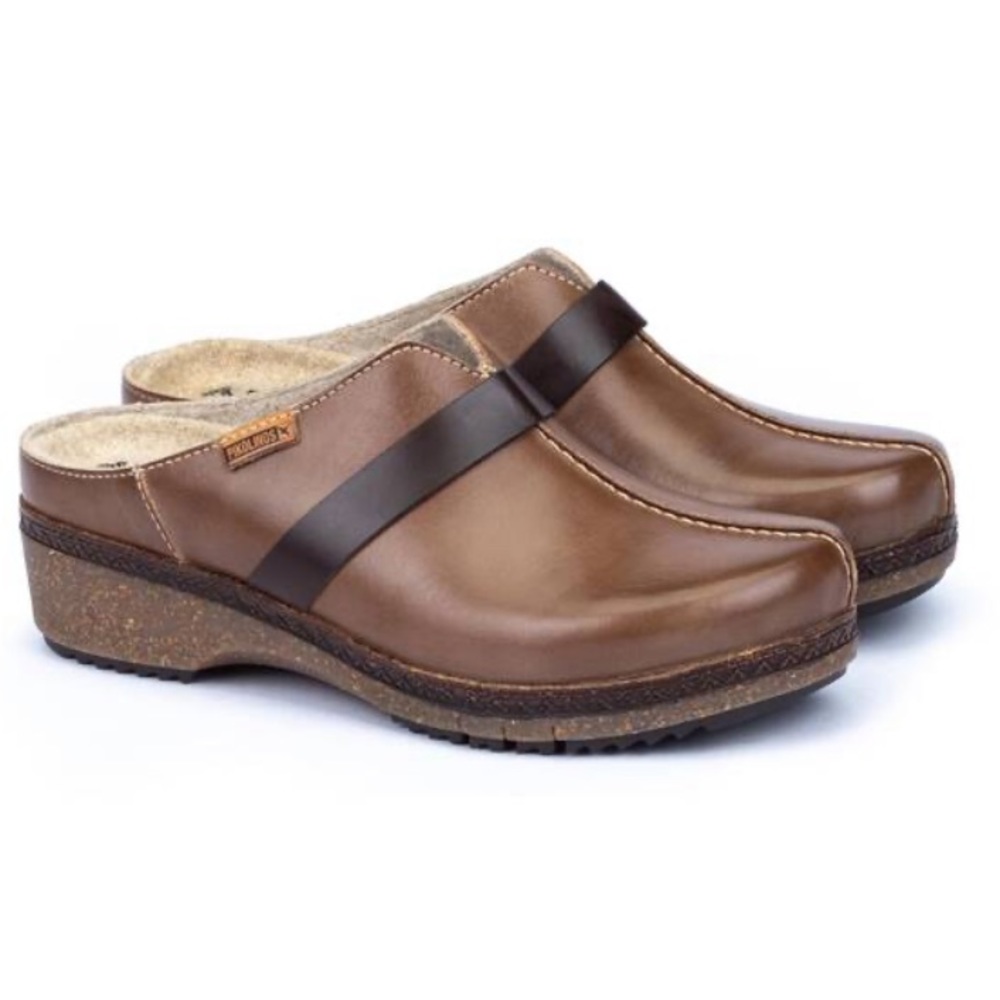 PIKOLINOS Brown Leather Slip-On Clog Mules